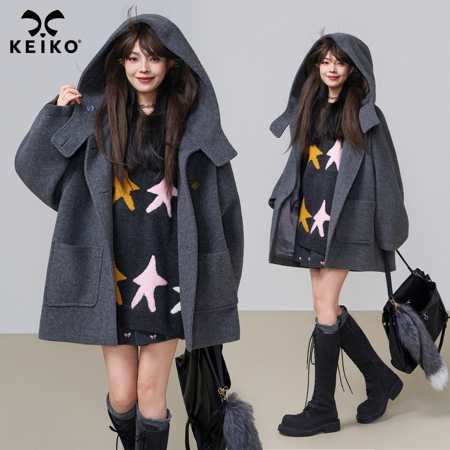 KEIKO 高级感灰色连帽羊毛呢外套25秋冬格雷系斗篷形显瘦呢子大衣,女装/女士精品,毛呢外套,淘宝优惠券,粉丝福利购,淘宝优惠卷