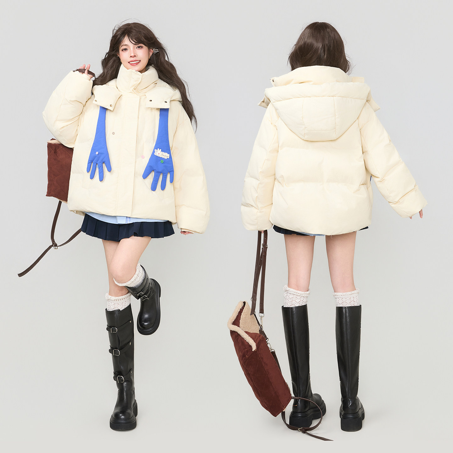 KEIKO 奇趣感奶黄色短款连帽棉服女25冬季元气减龄多巴胺纽扣外套