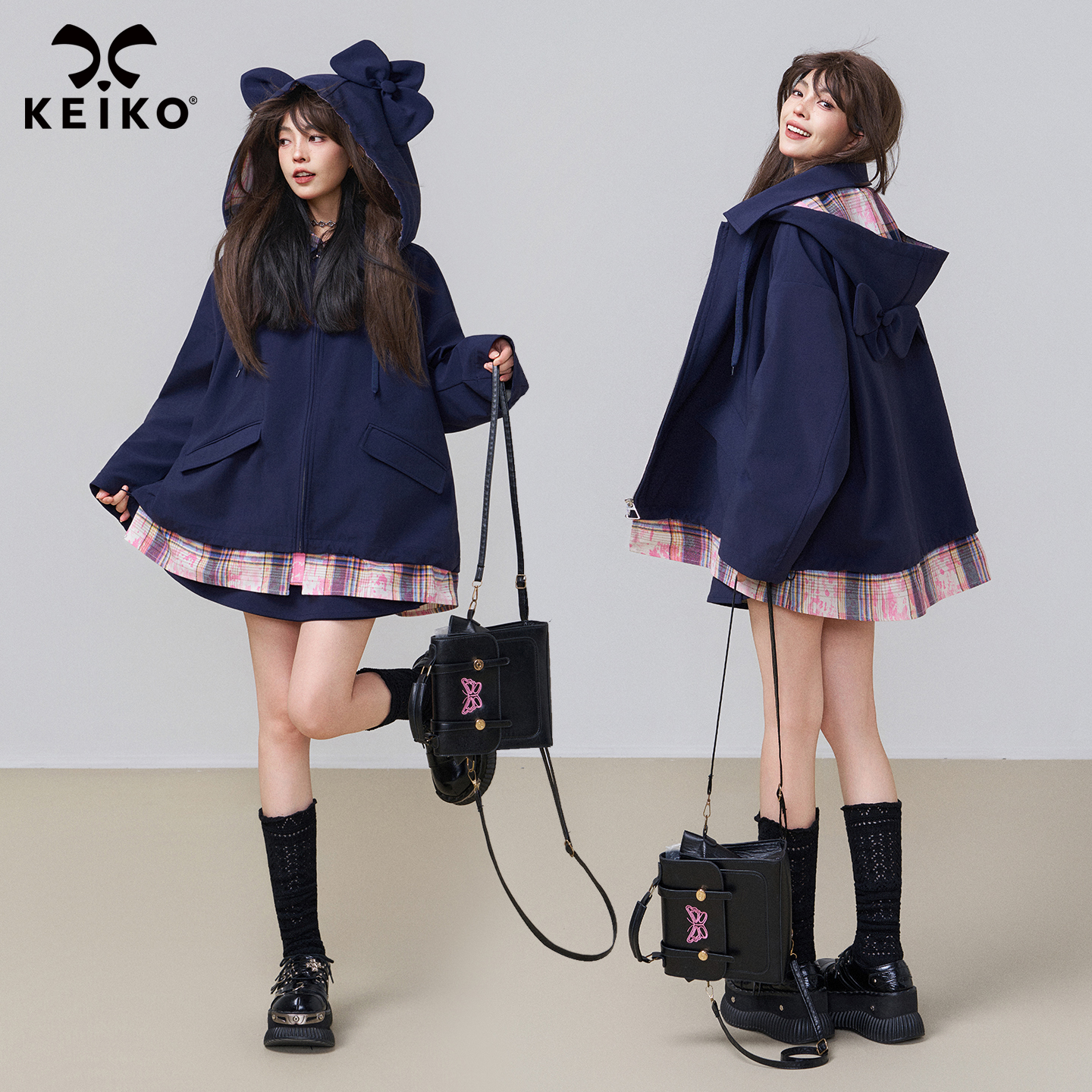 KEIKO [高密/防水] 藏青色连帽外套秋冬韩系设计感格纹拼接冲锋衣