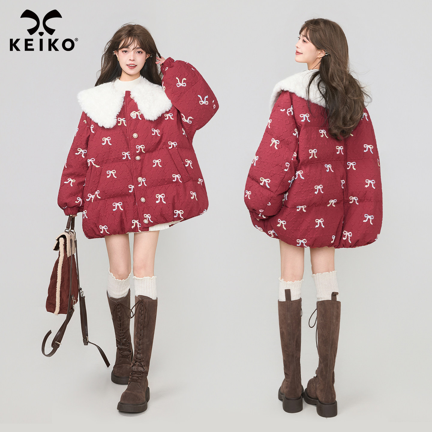 KEIKO 暖冬甜美感酒红色棉衣棉服女冬季绒感娃娃领花苞型外套棉袄
