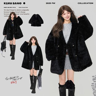 KEIKO 高级感黑色宽松皮毛一体外套女冬季环保羊剪绒毛