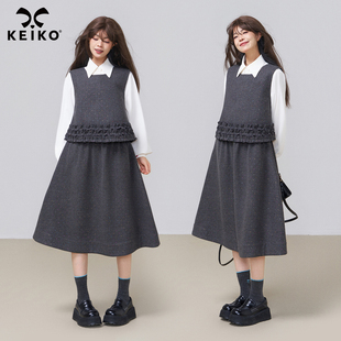 KEIKO 知性风叠穿薄呢背心套装裙女2025秋季烫钻马甲外套+半身裙