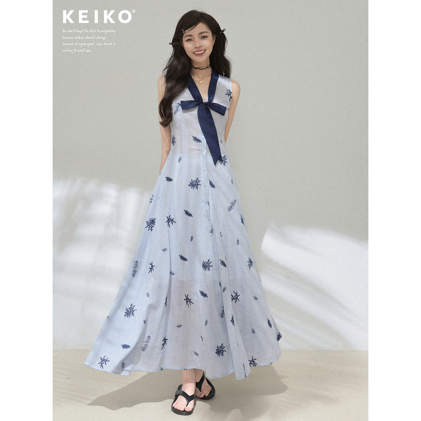 KEIKO 智性温柔风刺绣无袖连衣裙夏季轻盈微透显瘦纯棉背心长裙子