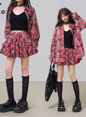 KEIKO  红色格子印染A字半身裙秋季新款美式覆古高腰蓬蓬蛋糕短裙