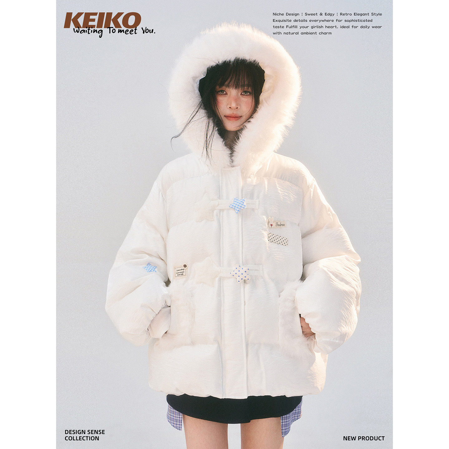 KEIKO肌理感柔光白色棉服