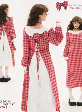 KEIKO 复古文艺红色格子长袖连衣裙25秋季千金感后开叉拼色长裙子