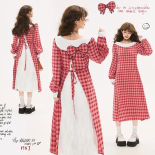 KEIKO 复古文艺红色格子长袖连衣裙25秋季千金感后开叉拼色长裙子