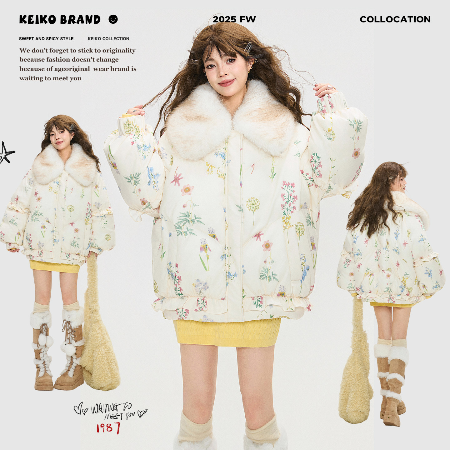 KEIKO 可拆解狐狸毛领碎花棉服女2025冬季甜系泡泡袖保暖小棉袄