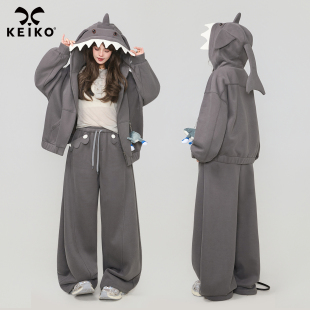 KEIKO 复古廓形宽松拉链卫衣 搞怪小鲨鱼连帽加绒外套女25秋冬美式