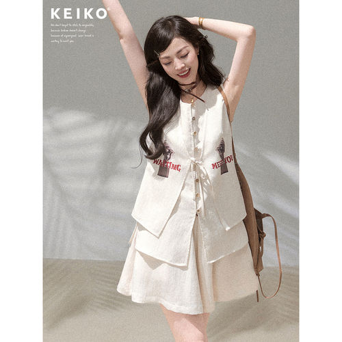 KEIKO 假日法式天丝亚麻两件套装夏季通勤无袖西装马甲+休闲短裤