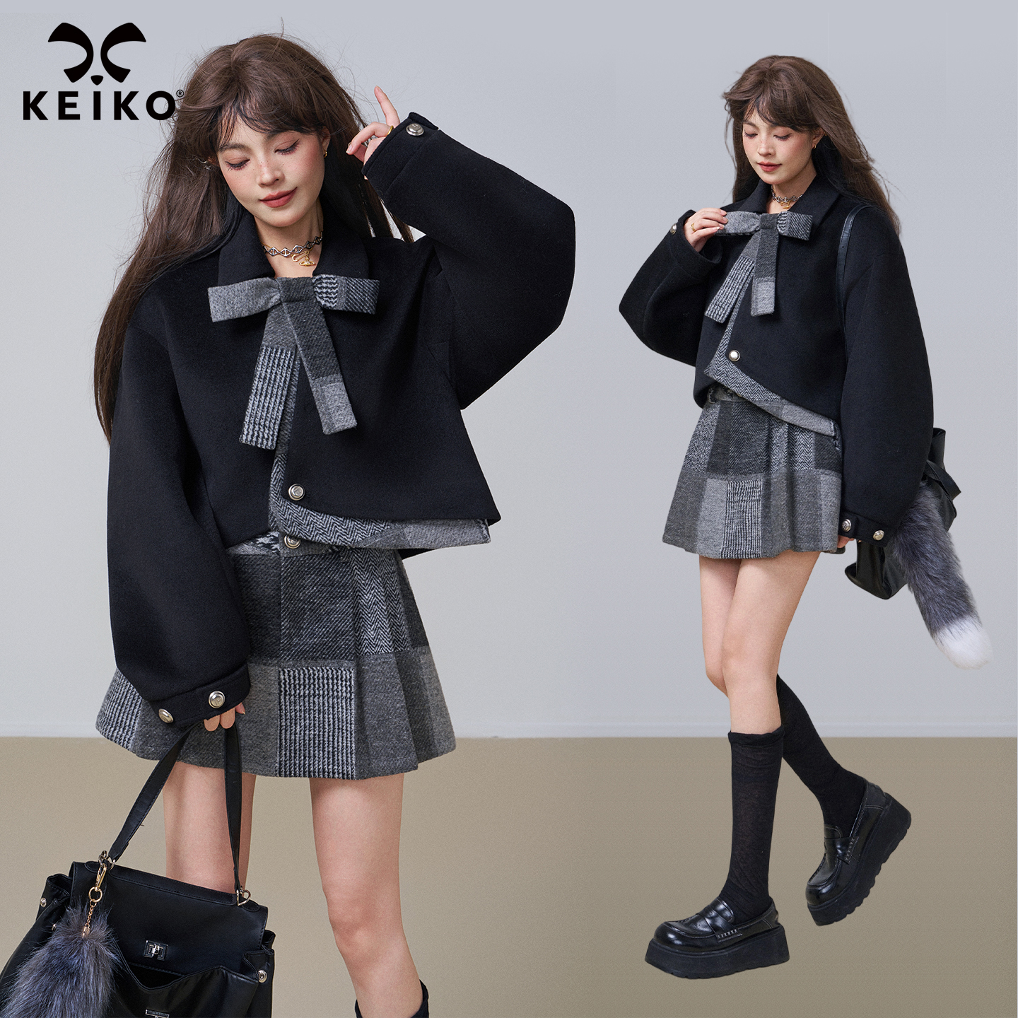KEIKO 千金感蝴蝶结饰短款毛呢外套秋冬法式氛围感小个子两件套装