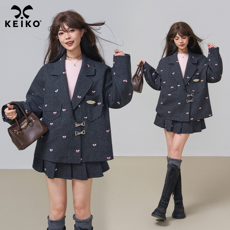 KEIKO [刺绣]人字纹短款羊毛呢西装外套秋冬知识分子西服两件套装