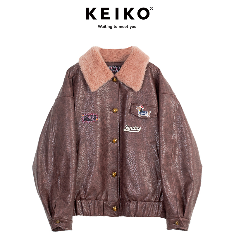 KEIKO酒红色复古翻领皮衣棉服