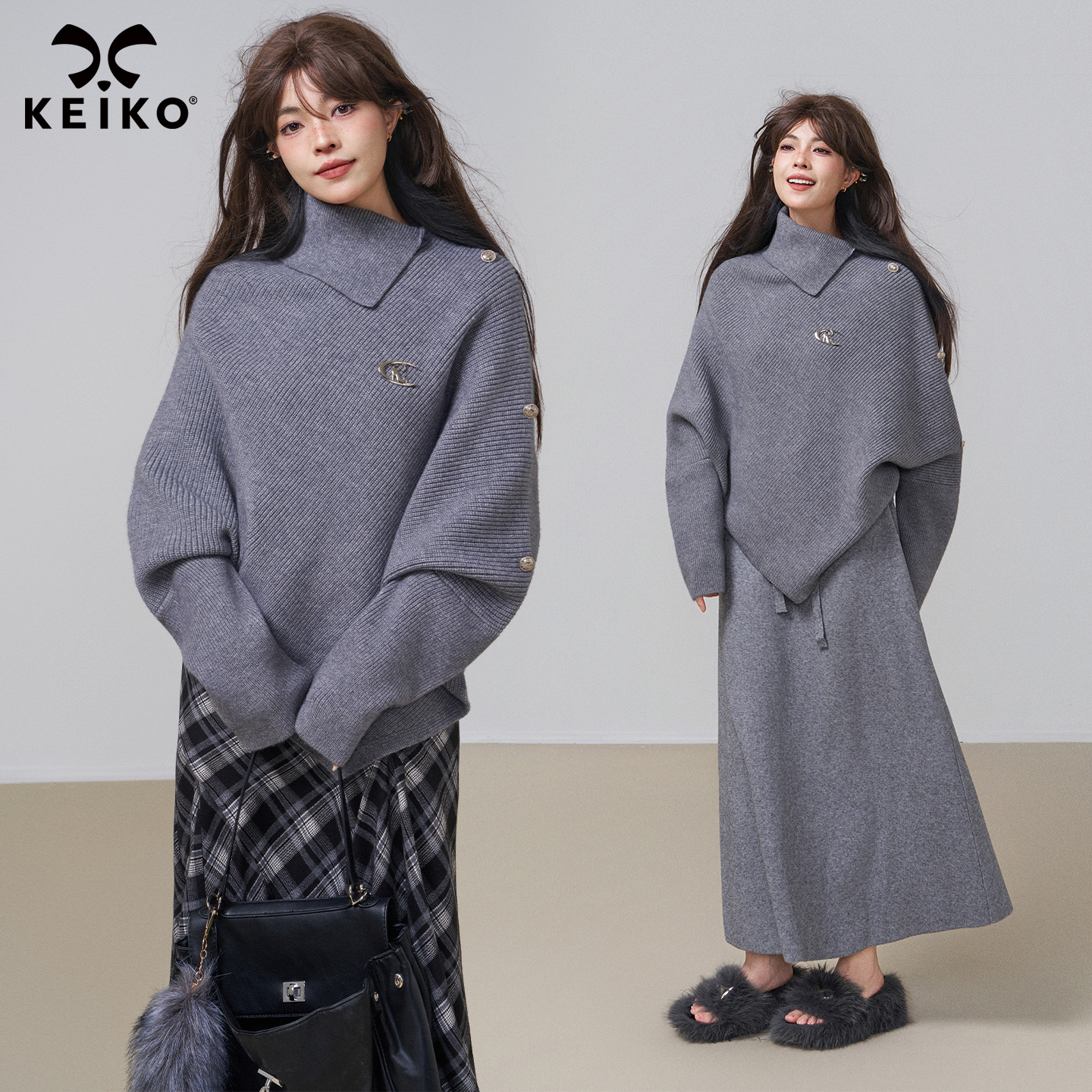 KEIKO 高级感斗篷型高领毛衣女秋冬慵懒风不规则宽松外套针织衫