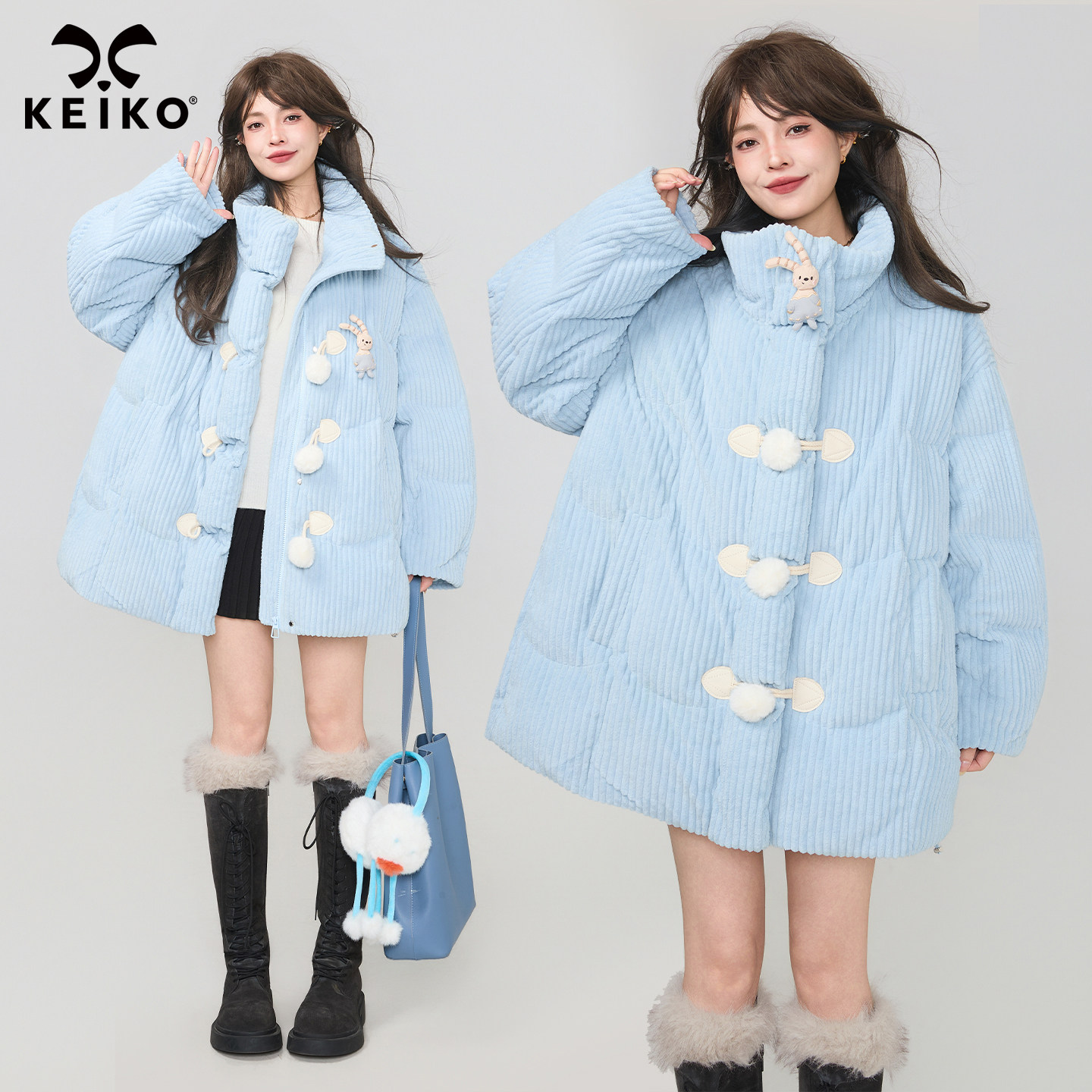 KEIKO 软糯灯芯绒加厚保暖棉服外套25冬季韩系毛球扣饰休闲面包服
