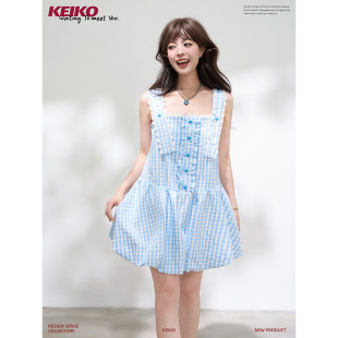 KEIKO 秀气蓝色格纹吊带连衣裙夏季氧气少女感蕾丝拼接蓬蓬花苞裙