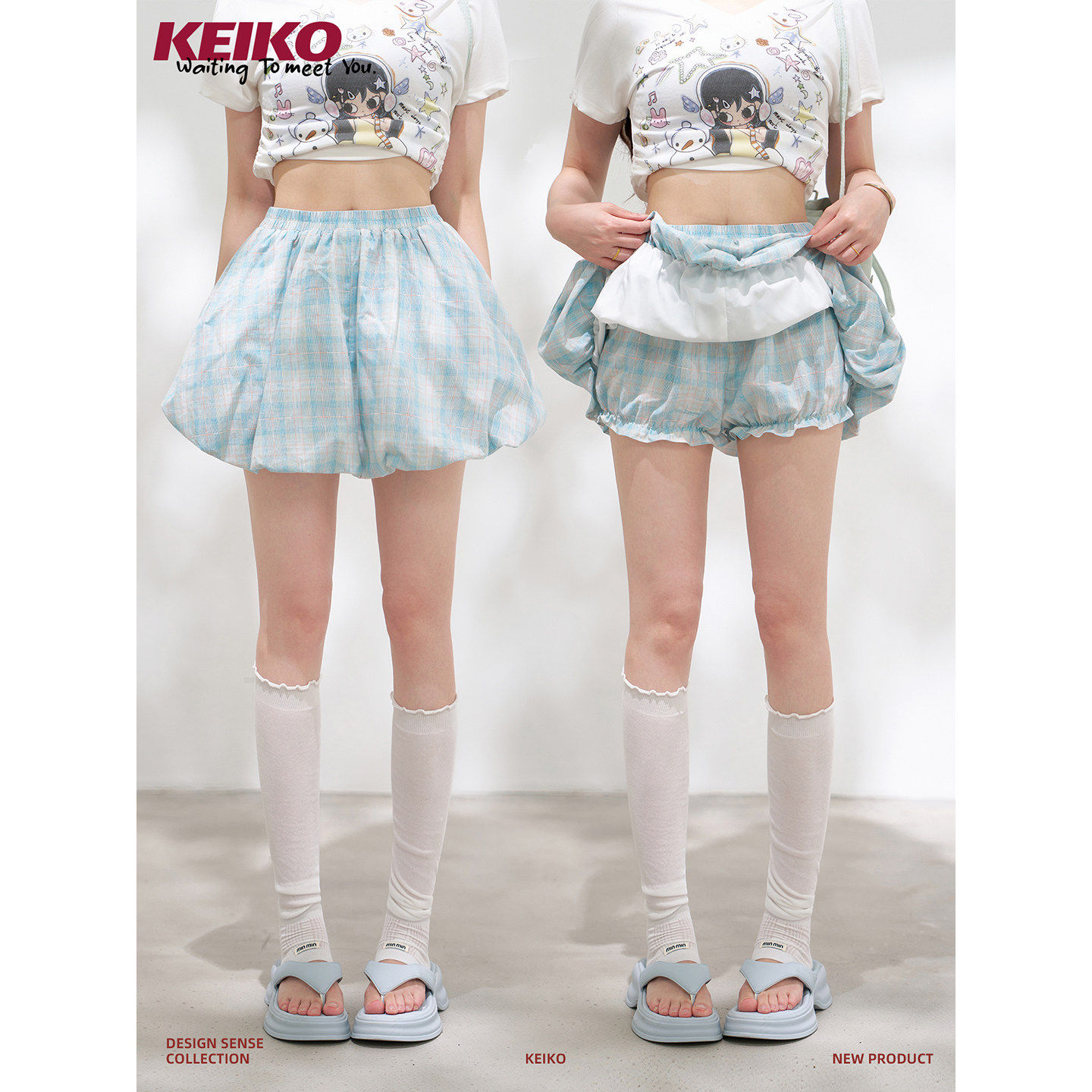 KEIKO学院风格纹花苞高腰短裙