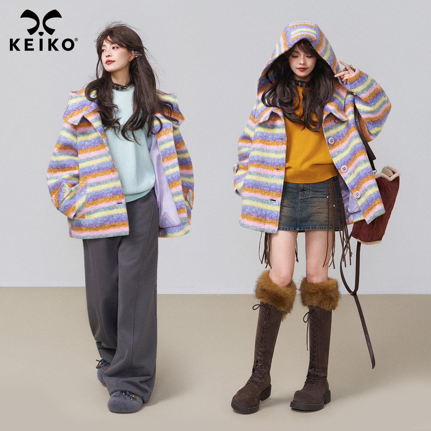 KEIKO 多巴胺彩虹条纹短款连帽毛呢大衣25冬季高级感圈圈呢子外套