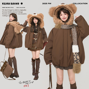 防风保暖加厚棉袄外套 棉服女25冬季 KEIKO 巴恩风毛绒熊连帽短款