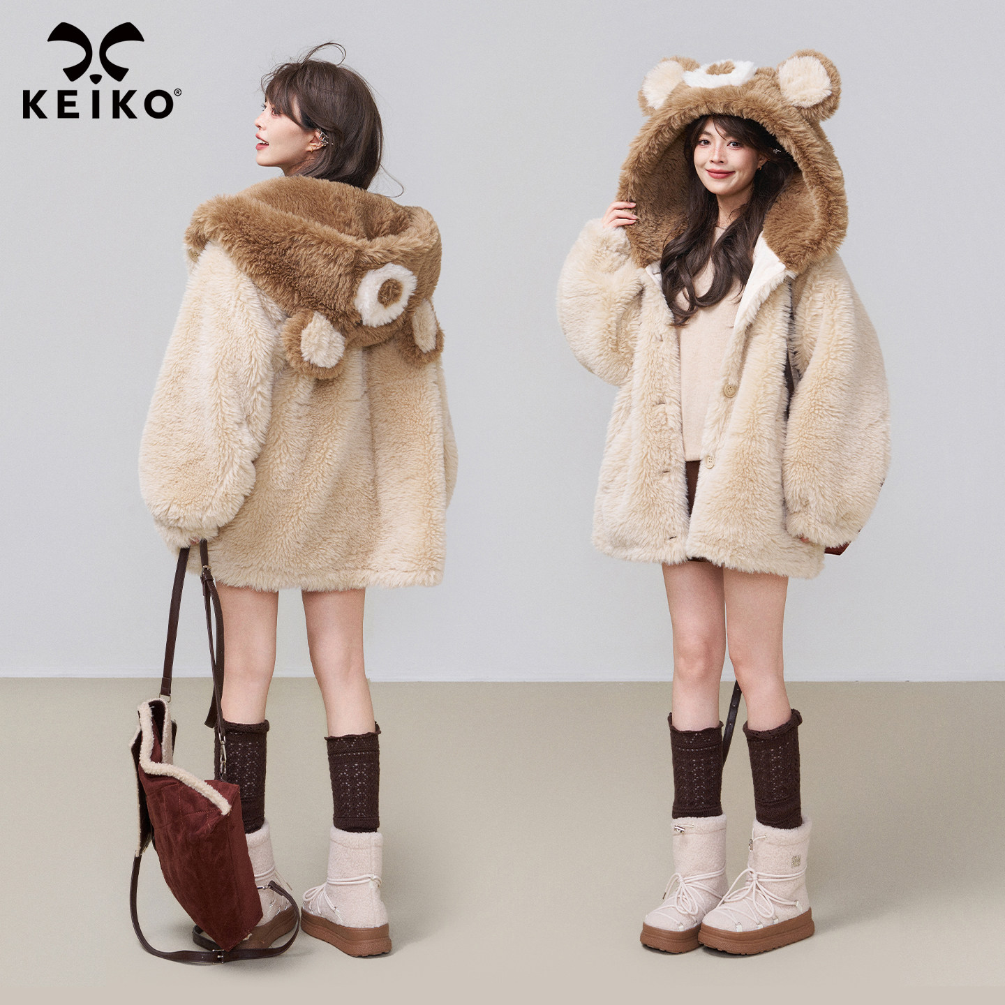 KEIKO 小熊连帽羊羔毛绒棉服冬季松绒系加厚毛毛大衣外套环保皮草