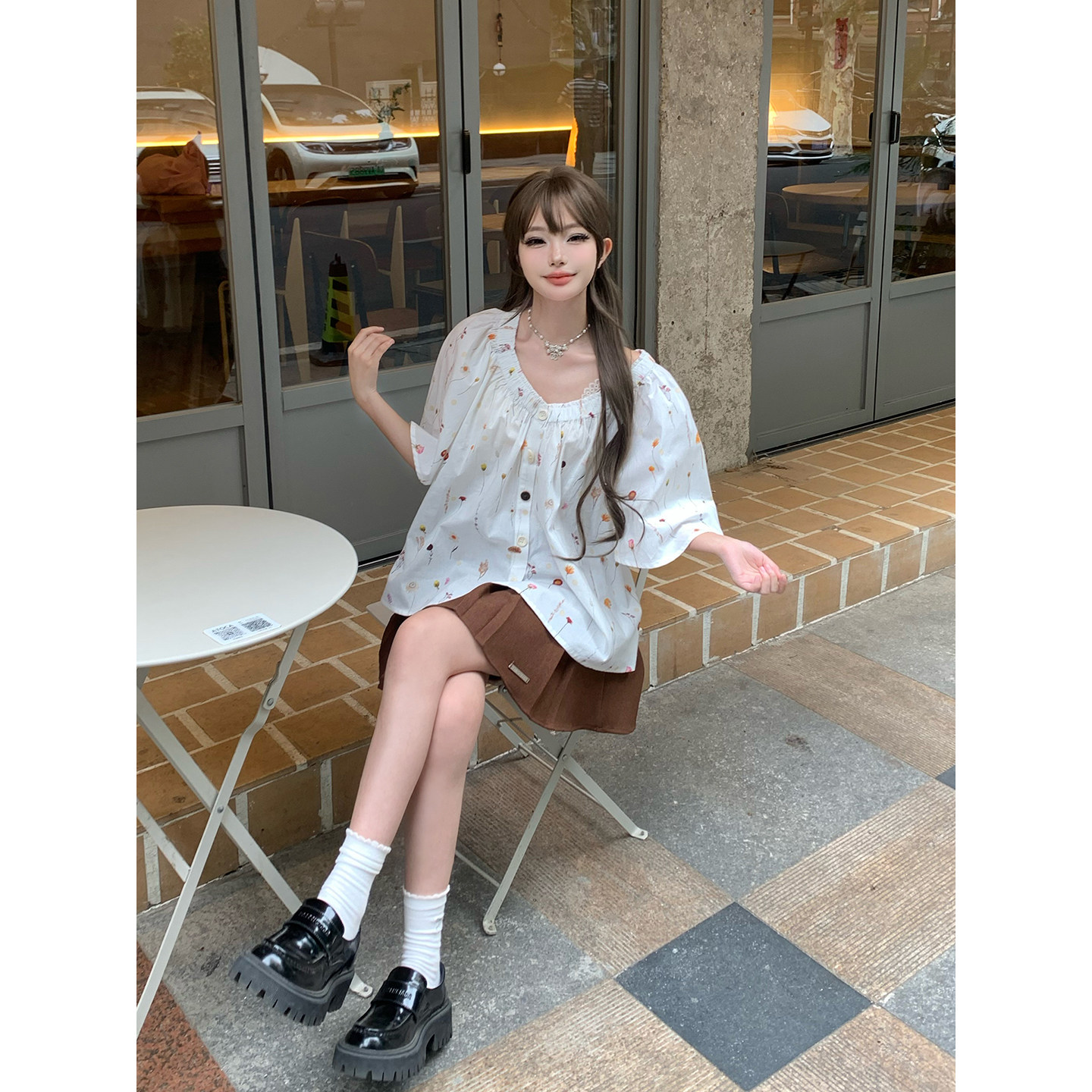 KEIKO 小花朵碎花荷叶袖上衣女夏日轻薄桃心领短袖衬衫韩系娃娃衫