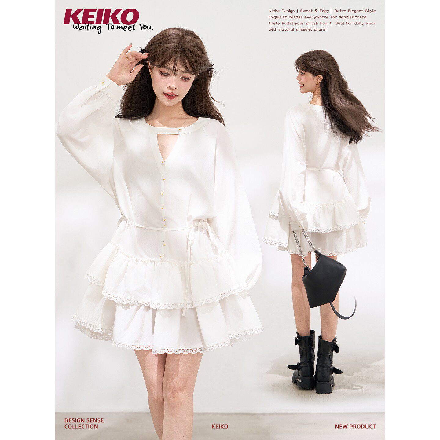 KEIKO蕾丝荷叶边秋冬小白连衣裙