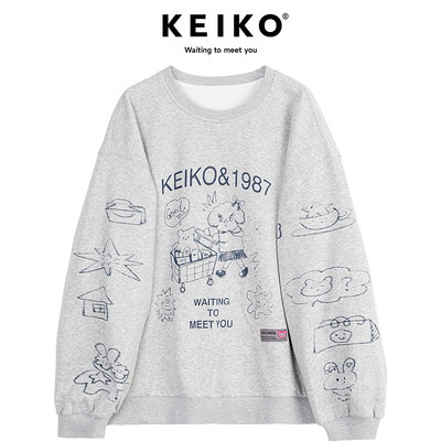 KEIKO 涂鸦印花灰色卫衣女秋季穿搭一整套挺廓宽松显瘦圆领上衣