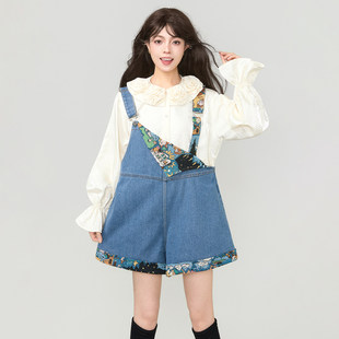 小个子复古减龄阔腿短裤 2026春季 俏皮风提花拼接背带牛仔裤 KEIKO