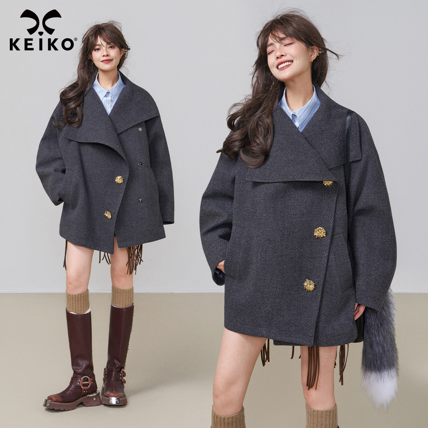 KEIKO 复古大翻领灰色毛呢大衣25冬季智性老钱风宽松廓形呢子外套