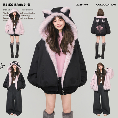 KEIKO [正反两穿] 韩系环保皮草外套女冬季黑色连帽短款毛毛棉服