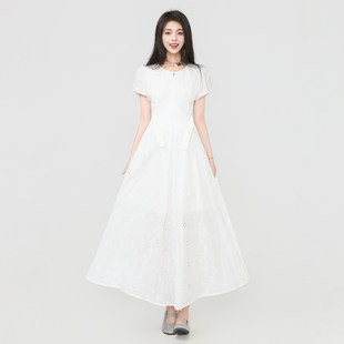 系带收腰A字大摆长裙 法式 KEIKO 度假风镂空刺绣白色连衣裙26夏季