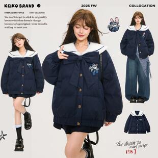 KEIKO 学院风海军领短款羽绒服女25冬季复古减龄90白鸭绒加厚外套