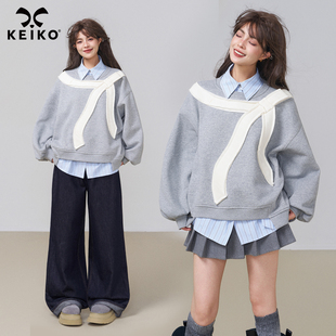 KEIKO 创意拼色贴布灰色加绒卫衣女25秋冬设计感宽松慵懒圆领外套