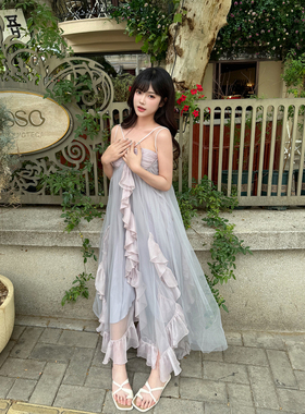 KEIKO 荷叶边薄纱抹胸吊带连衣裙夏季度假出游出片紫色仙女裙长裙