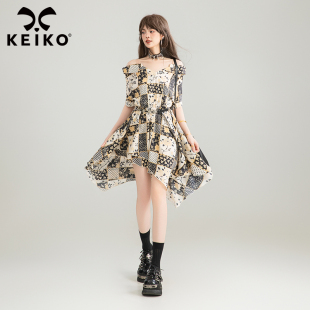 KEIKO 波嬉系不规则一字肩漂亮花格子裙子 波西米亚吊带连衣裙夏季