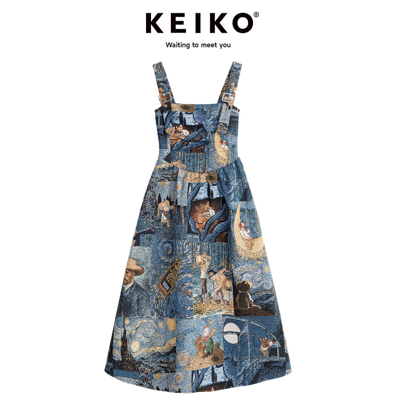 KEIKO 秋日氛围感油画风吊带连衣裙24秋季法式文艺显瘦A字长裙子