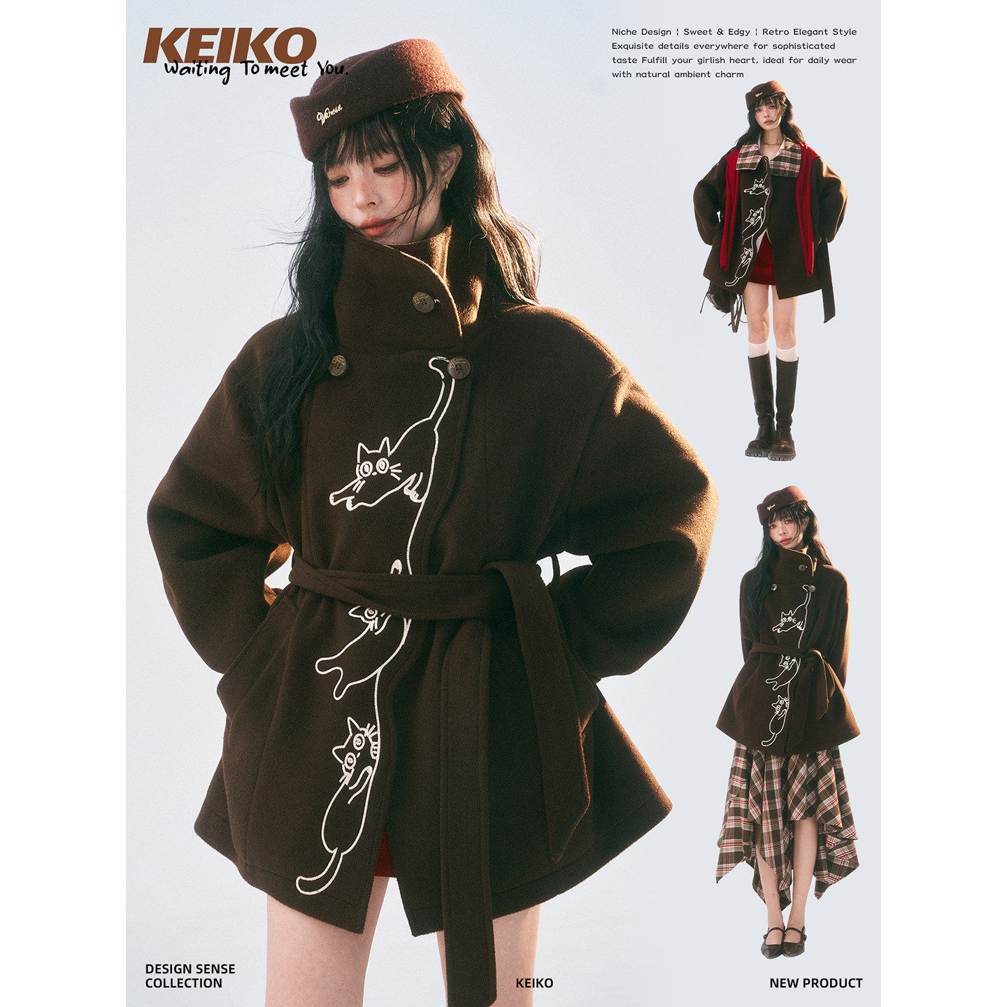 KEIKO秋冬复古刺绣收腰毛呢外套