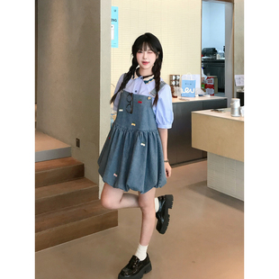 KEIKO 甜系樱桃绣花背带牛仔花苞裙夏元气轻活风穿搭小个子连衣裙