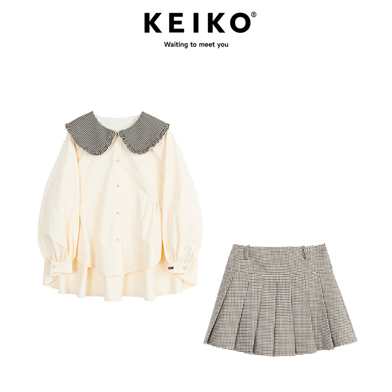 KEIKO 法式褶花娃娃领长袖衬衫女24秋季甜妹穿搭泡泡袖上衣娃娃衫