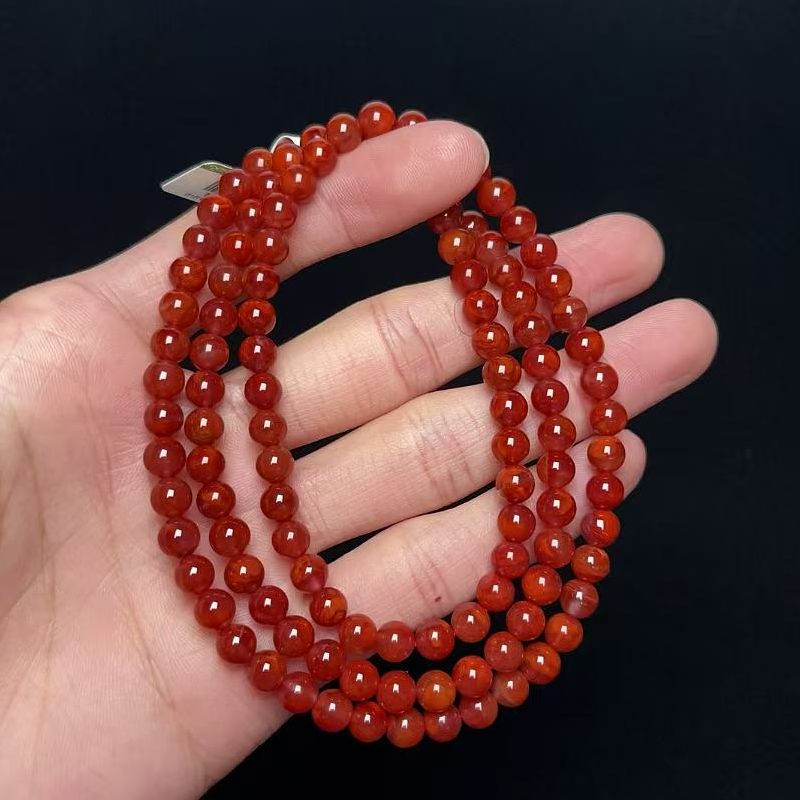 309C47凉山瓦西料南红玫锦牛血红火焰多圈手串