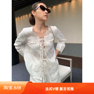 深圳南油2026夏新款法式复古镂空刺绣亚麻长袖衬衫女+抽绳短裤