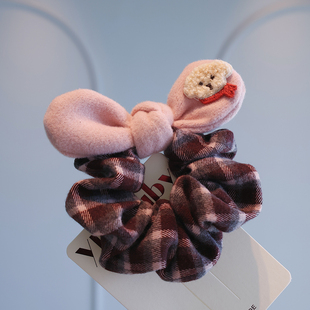 韩系格纹大肠发圈小女孩卡通可爱兔耳朵头饰儿童不伤发丸子头皮筋