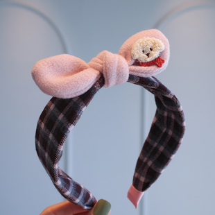 复古格纹时尚 宽边压发头箍儿童卡通可爱兔耳朵发箍女孩不勒头发卡