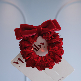 公主气质新年头饰丝绒亮片蝴蝶结小肠发圈儿童丸子头扎辫可爱皮筋