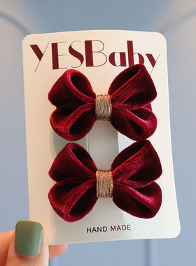 高级感红色蝴蝶结发夹精致丝绒对夹儿童气质刘海边夹公主新年头饰