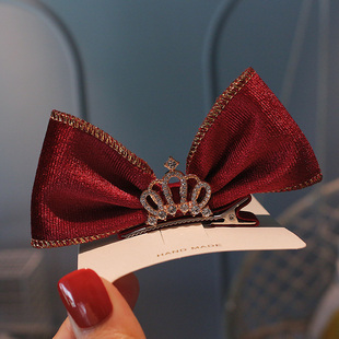 公主气质皇冠头饰韩国儿童高级感金边丝绒复古红色立体蝴蝶结发夹