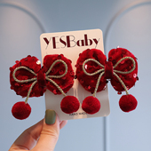 春节可爱毛球过新年头饰气质丝绒亮片蝴蝶结发夹公主对夹儿童头饰