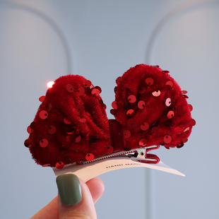 在逃公主过新年立体蝴蝶结发夹丝绒亮片气质顶夹发卡儿童百搭头饰