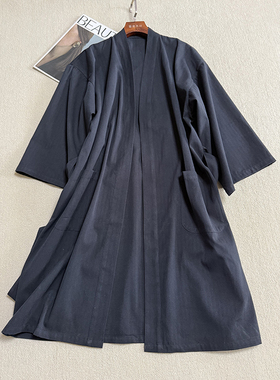 桑蚕丝真丝人字纹黑色系带浴袍7分袖宽松家居袍简约舒适男女晨袍