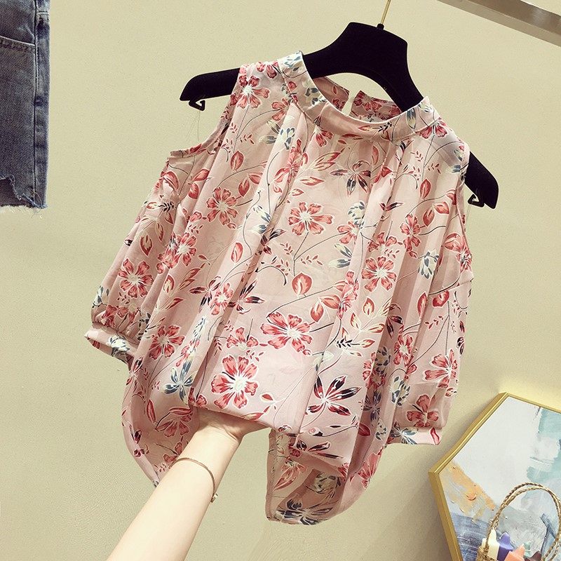 露肩雪纺衫女短袖2019夏季新款韩版宽松小衫遮肚子漏肩碎花上衣潮|ruв категории Женская одежда, кружева свитер/шифон рубашка - от Buy2taobao.com для оказания профессиональной услуги покупки агента Taobao